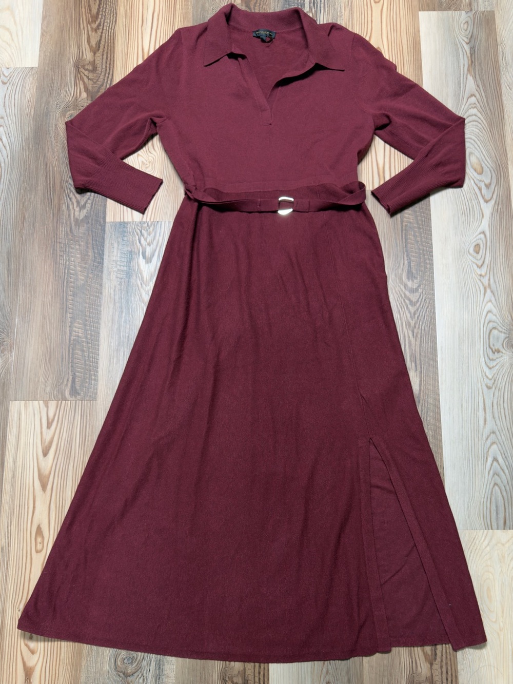 Donna Karan Burgundy Belted Long Sleeve Midi Shirtdress Slit XL